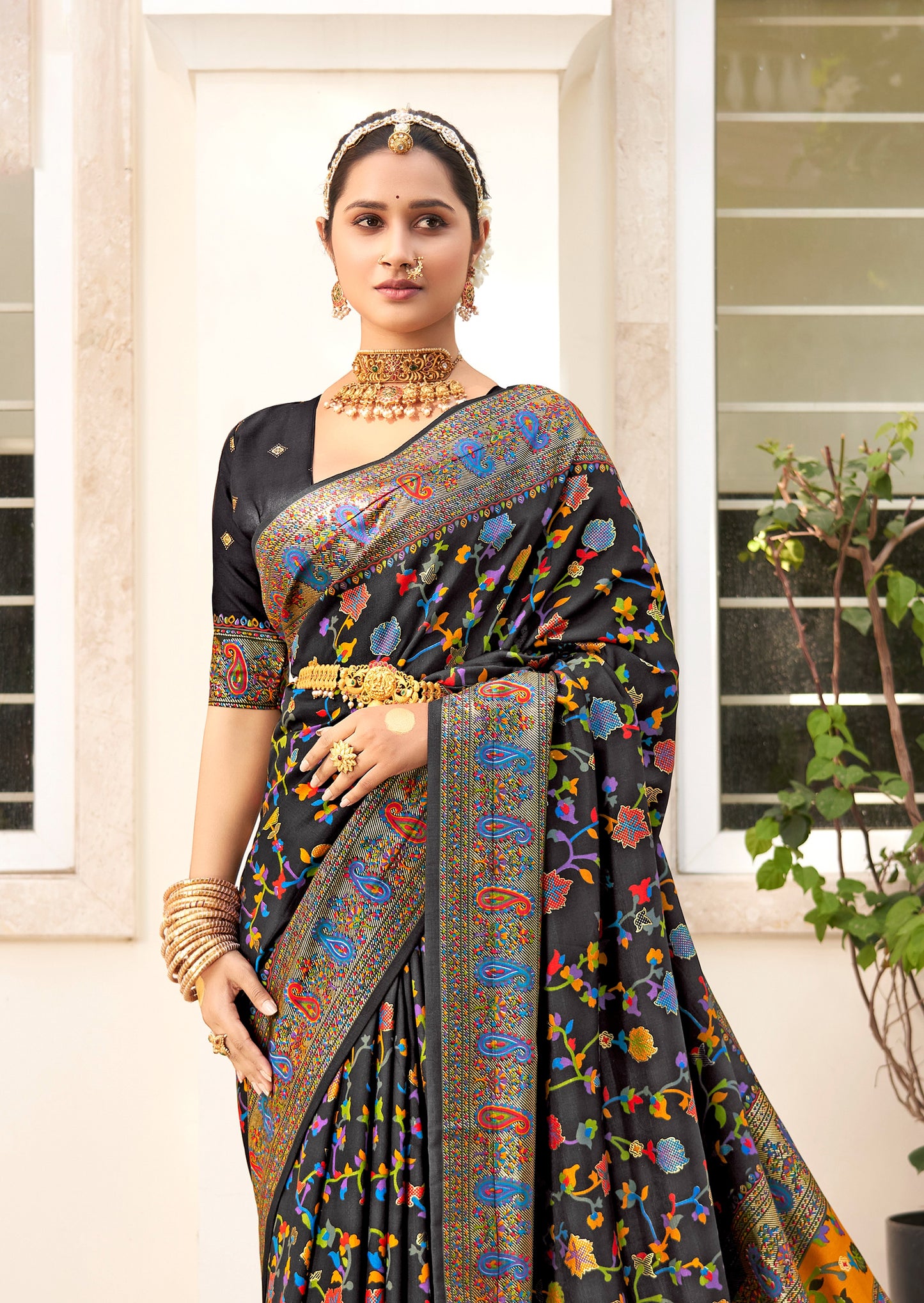 The Real Pashmina Silk fabric with Attractive All Over Print and Foil Touch with Keri Print & Grounded Tussels.